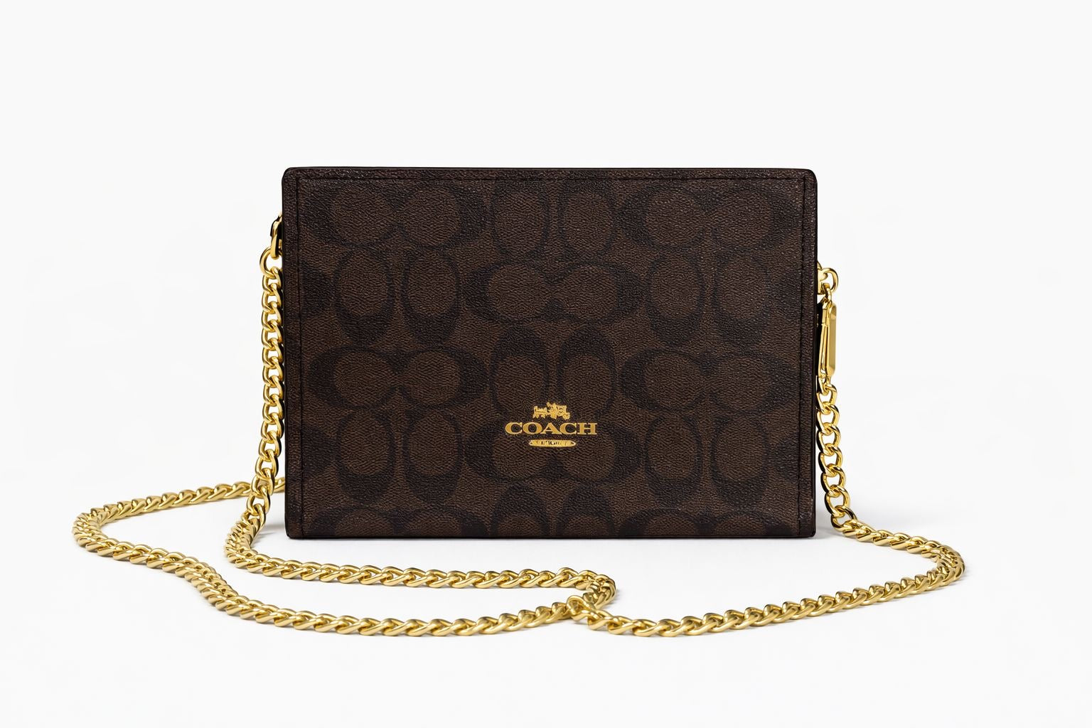 Bolso Coach Crossbody Clutch en Lona Signature - Color Brown/Black con Cadena Dorada