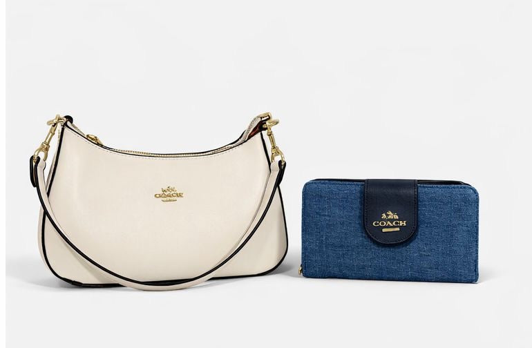 Dúo Coach: Bolso de Hombro Teri Blanco y Cartera Continental de Mezclilla