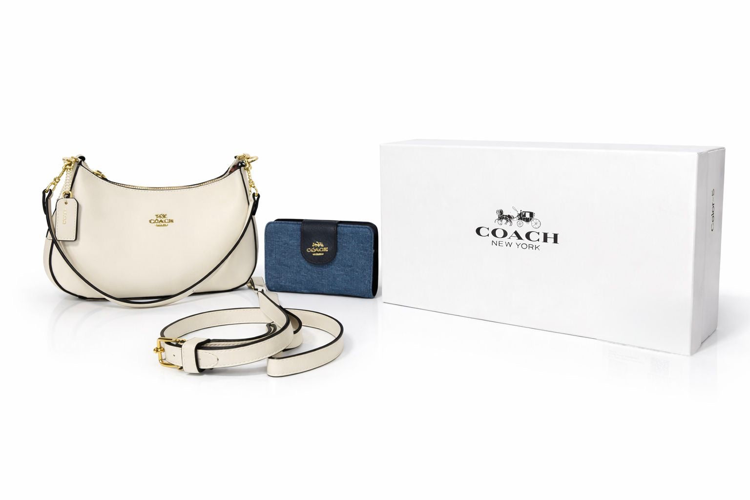 Dúo Coach: Bolso de Hombro Teri Blanco y Cartera Continental de Mezclilla