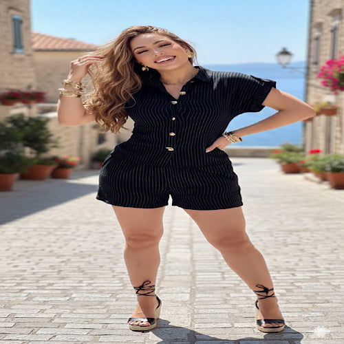 Conjunto Veraniego de Lino con Rayas Verticales y Acabados Premium.