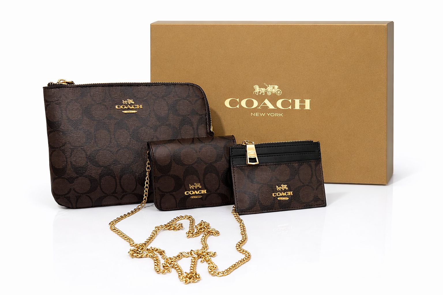 Set Coach 3-en-1: Cartera Grande, Mini Bolso con Cadena y Tarjetero en Lona Signature