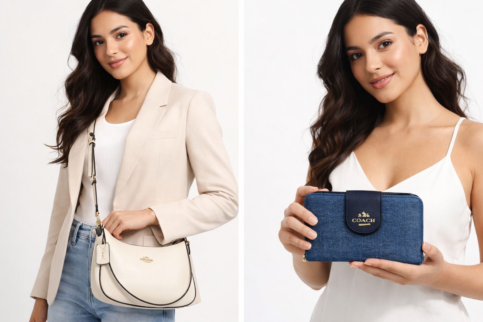 Dúo Coach: Bolso de Hombro Teri Blanco y Cartera Continental de Mezclilla